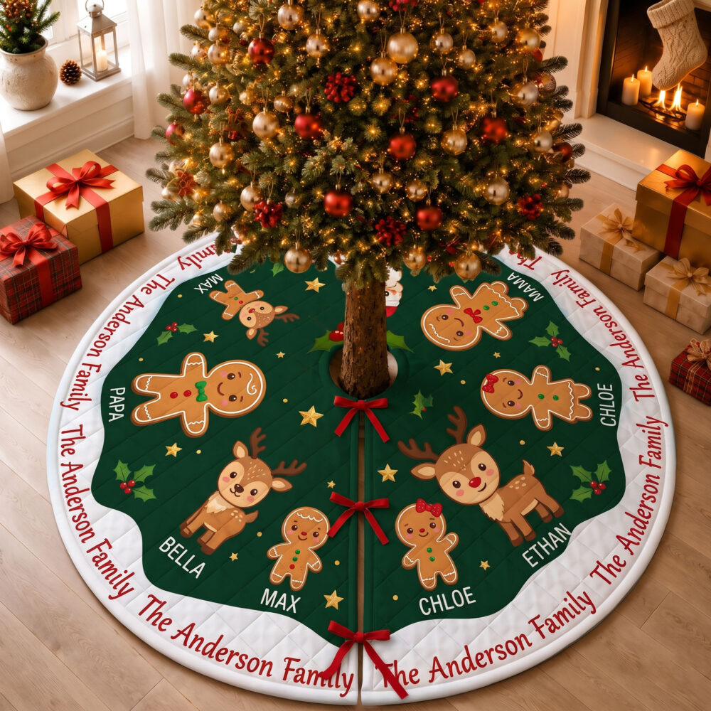 Personalized Family Name Quilt Look Christmas Tree Skirt, Custom Gingerbread and Reindeer Holiday Tree Mat Decor