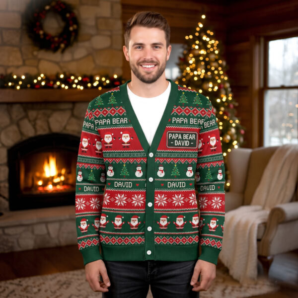 Personalized Name Fair Isle Christmas Cardigan, Custom Papa Bear Santa and Snowman V-Neck Button Down Holiday Sweater
